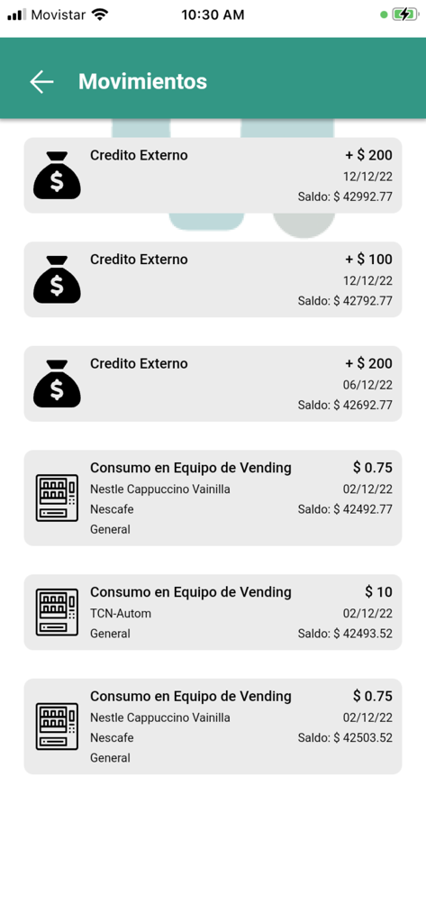 Vending Control - A mobile screen from the Vending Control app showing a detailed list of transaction history including external credits and vending machine purchases