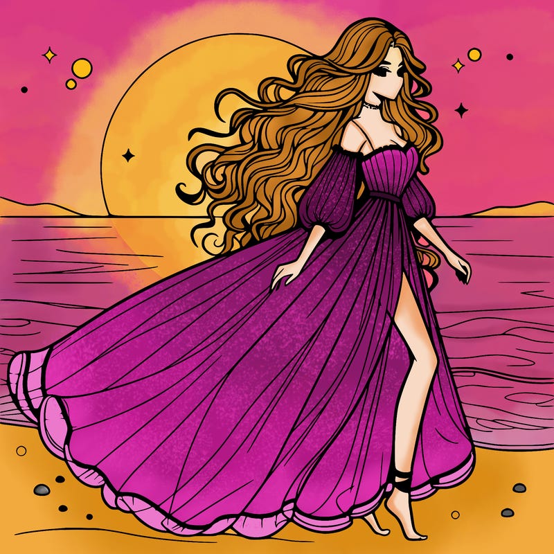 beautiful woman with a vaporous long dress walking on the beach at the noon, detailed art