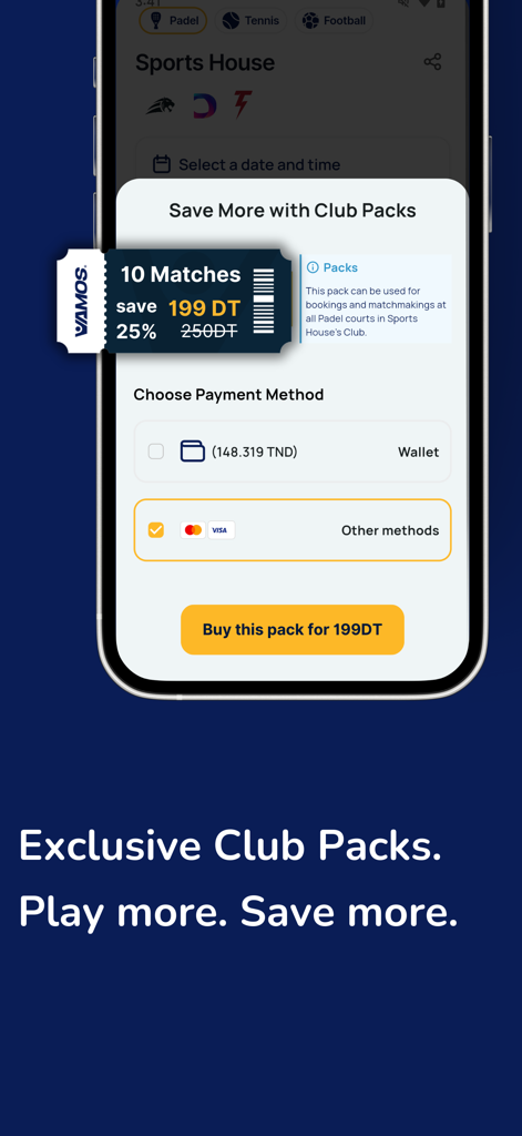 Vamos: Book, Play, Win - Screenshot of the Vamos app showing exclusive club packs and payment methods for booking sports matches
