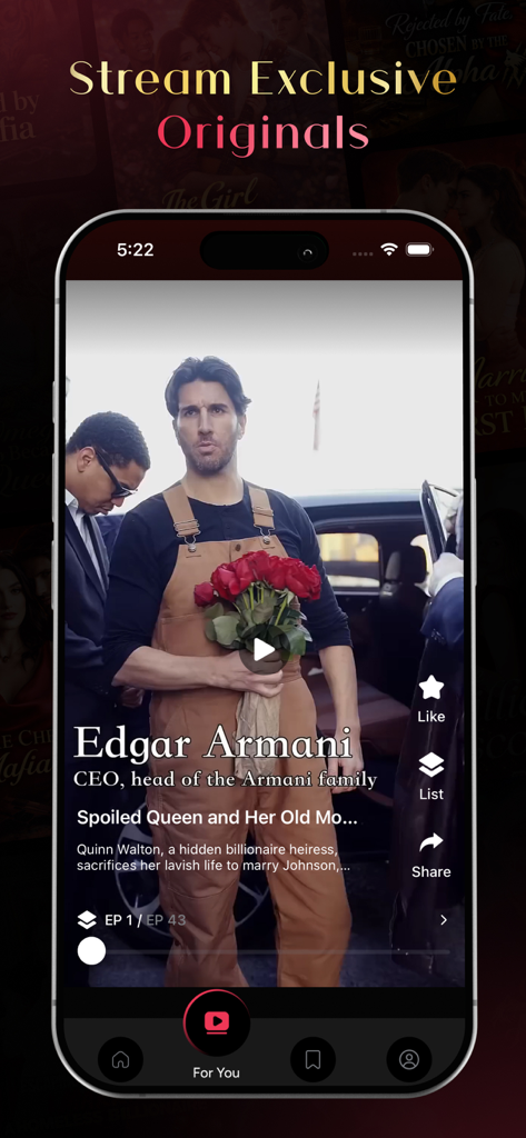 DramaShorts - Short Drama Hub - Uma tela de smartphone exibindo o aplicativo DramaShorts reproduzindo uma série de drama romântico sobre um bilionário.