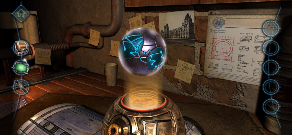 Machinika Museum - A floating metallic orb with blue constellation markings in a workshop