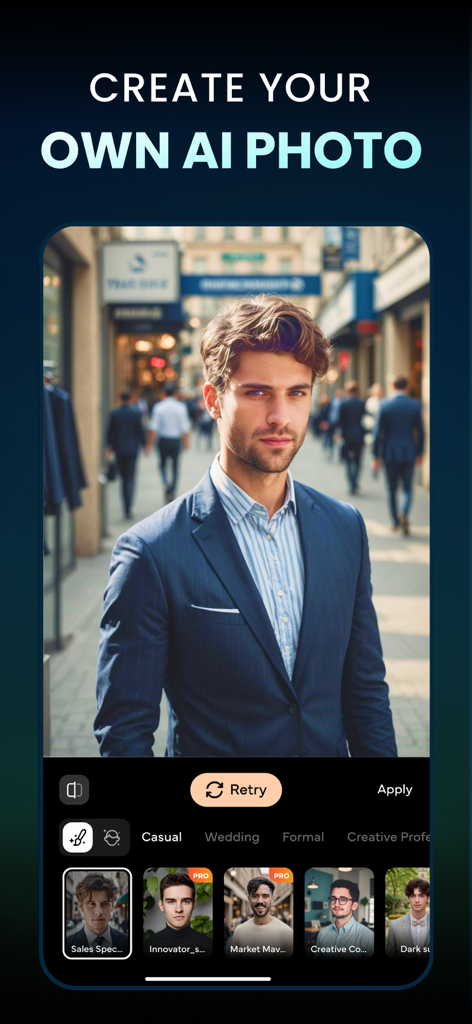 AI Photo Editor: ShotX Creator - ShotX Creator App-Oberfläche mit einem professionellen KI-generierten Porträt eines Mannes im Anzug