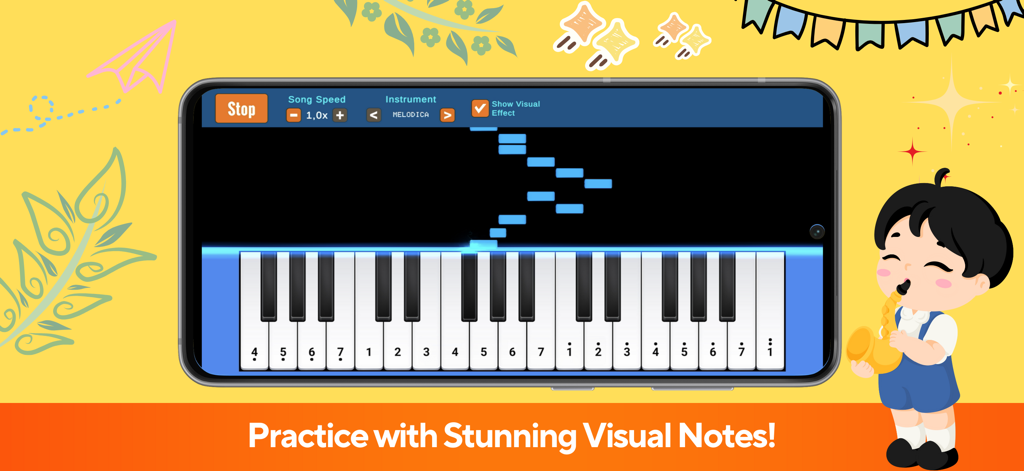 A virtual piano keyboard with falling blue note tiles in a practice mode