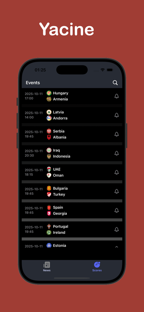 Capture d'écran de l'application mobile Yacine TV montrant une liste des prochains matchs de football internationaux avec les scores et les options de notification.