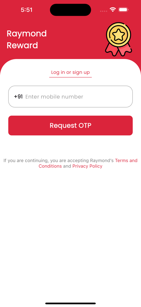 Raymond Rewards mobile app login screen featuring a mobile number input field and a request OTP button