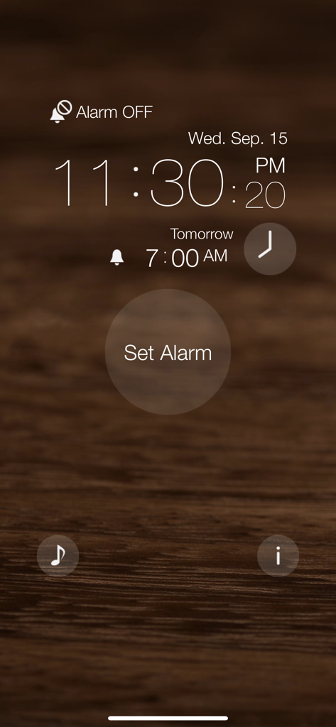 Main screen of the One Touch Alarm Clock app showing the digital time and a large button to set the alarm