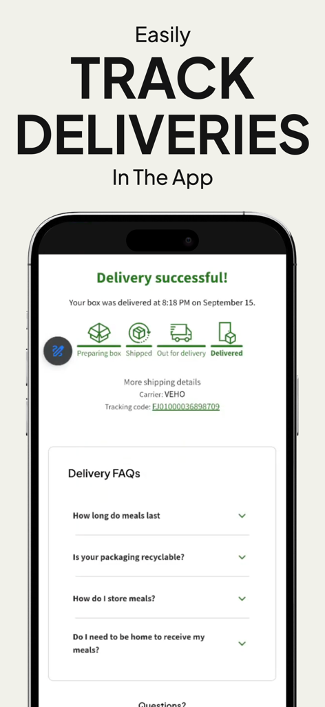 Factor app screen displaying a successful delivery status with a tracking progress bar and delivery FAQs.