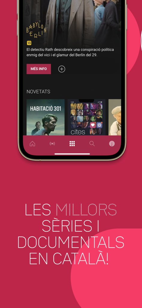 Captura de pantalla de la app móvil 3Cat mostrando una selección de programas de TV y documentales catalanes.