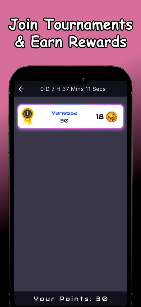 Tournament leaderboard screen in the Rewarded Play app showing rankings and earned coins