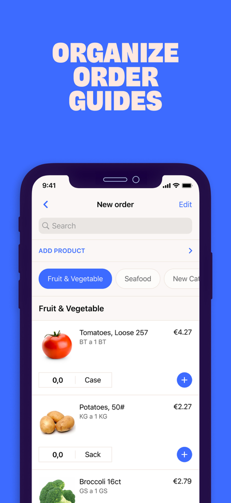 Choco - A mobile interface of the Choco app showing a digital order guide with product lists for fresh vegetables like tomatoes and potatoes.