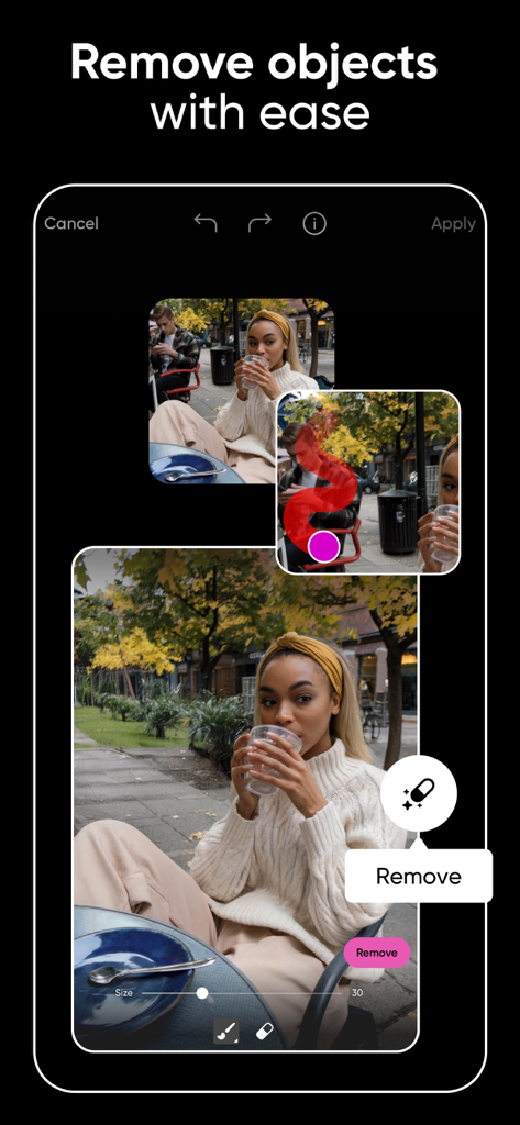 Interface of Picsart app showing the AI object removal feature to erase people from the background of a picture