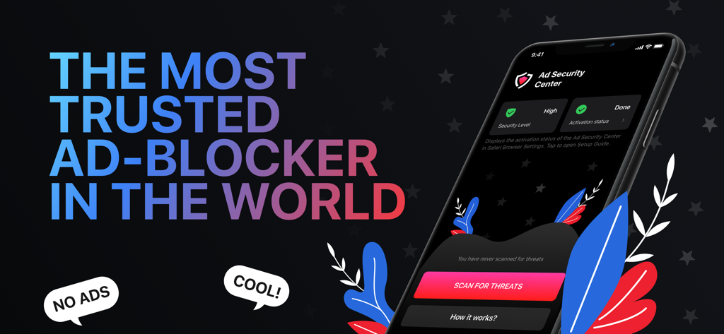 Ad Security Center - Ad Security Centerのプロモーションバナー。スマートフォンにアプリのインターフェースが表示され、「世界で最も信頼されている広告ブロッカー」と書かれています。