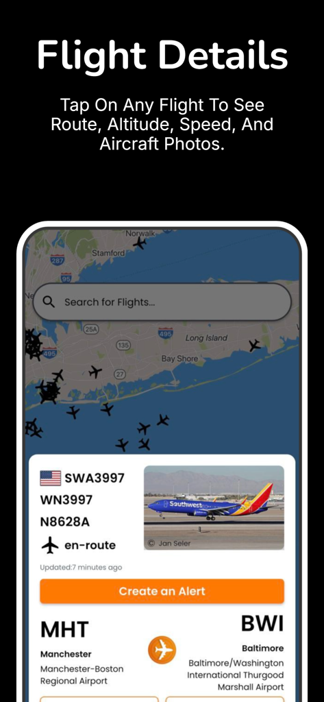 Flight Radar Tracker - Flight tracking app screen showing aircraft photo and route details