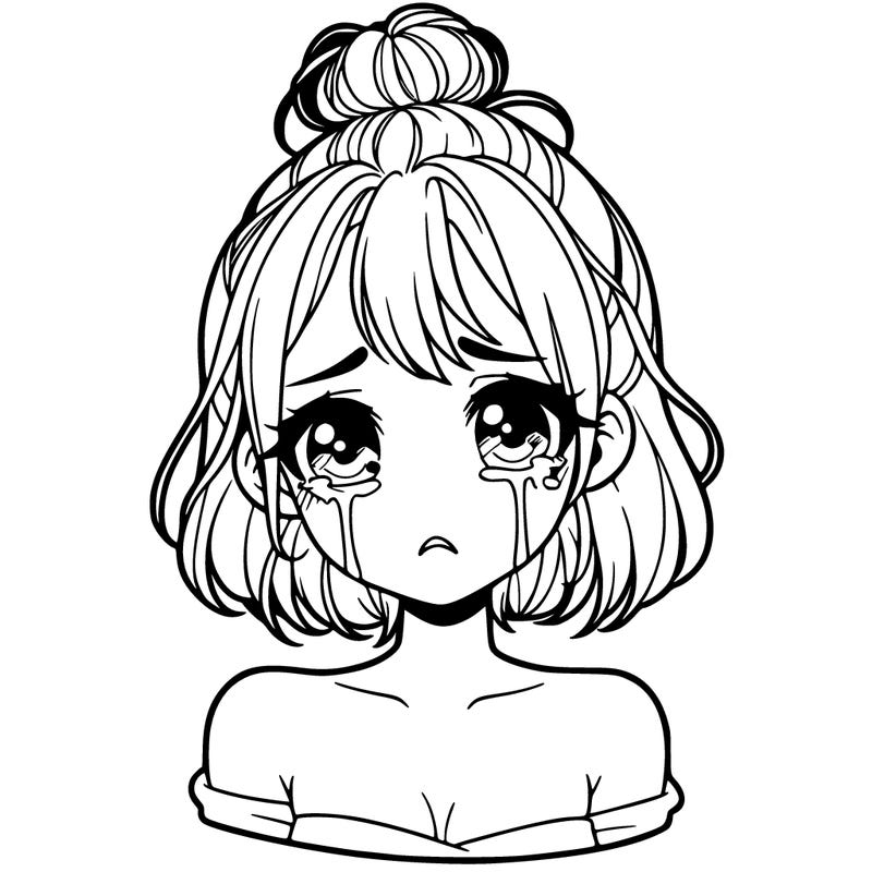 a beautiful crying girl with short hair in a tiny messy bun and looks emotionless