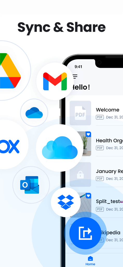 PDF Reader & PDF Editor - Google Drive、Gmail、Dropbox、Outlookのアイコンとともにクラウド同期および共有オプションを表示するPDFリーダーアプリのインターフェース