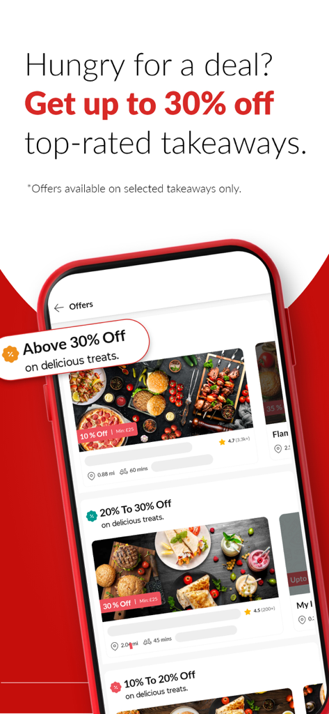 Foodhub mobile app interface displaying various takeaway offers and discounts up to thirty percent off