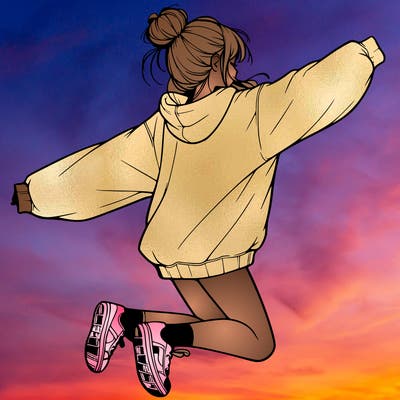 realistic girl jumping with a bun and oversized sweatshirt