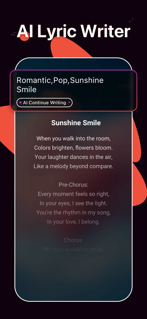 AI Music Generator, Song—Waazy - Interfaz de la función AI Lyric Writer en la aplicación Waazy mostrando letras de canciones generadas para una canción pop.