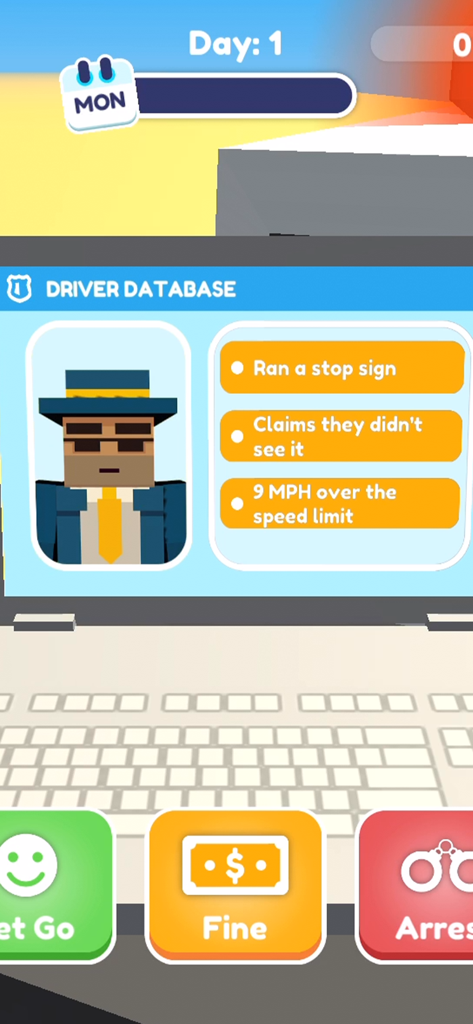 Let's Be Cops 3D - Screenshot of Let's Be Cops 3D showing a driver database with options to fine or arrest a criminal
