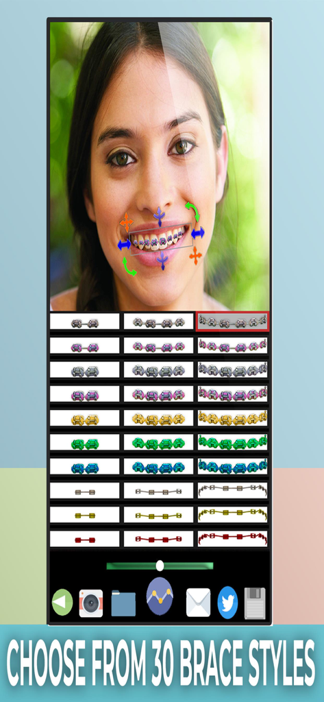 A person applying colorful digital braces to a photo using the Brace Yourself app interface showing various styles.