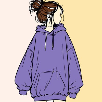 realistic girl with a oversized sweatshirt on and a bun
