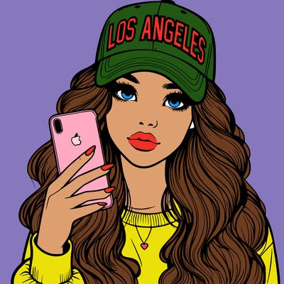 realistic beautiful girl wearing los ángeles cap holding an iphone