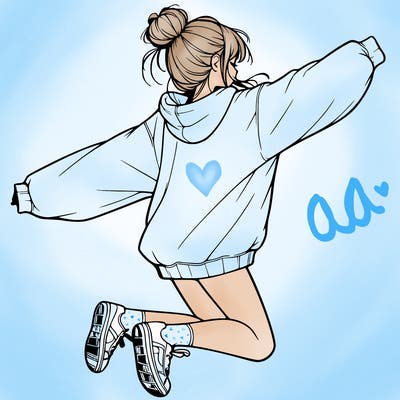 realistic girl jumping with a bun and oversized sweatshirt