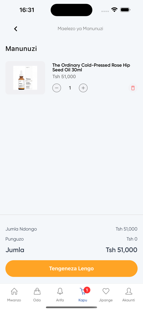 Tunzaa app shopping cart showing a skincare product and a create goal button