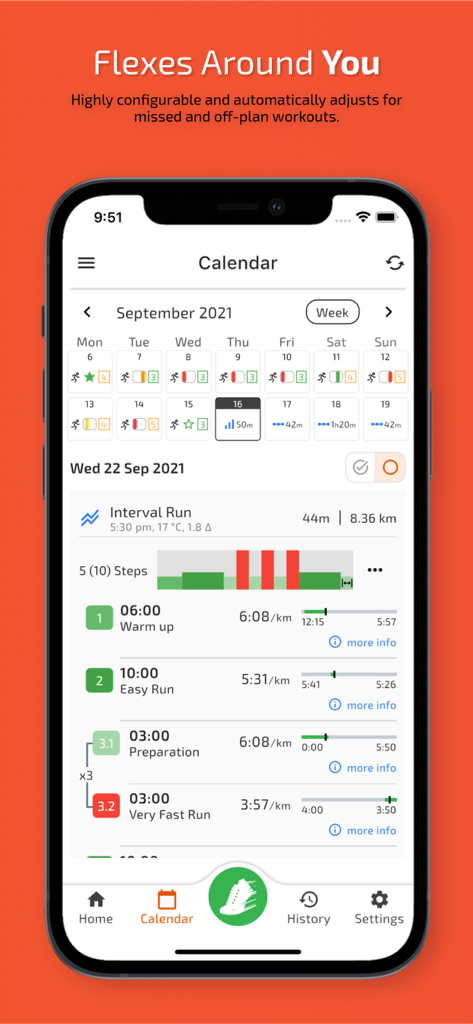 TrainAsONE- AI Running Plans - TrainAsONE app interface displaying a flexible running calendar and detailed interval training plan with pace targets
