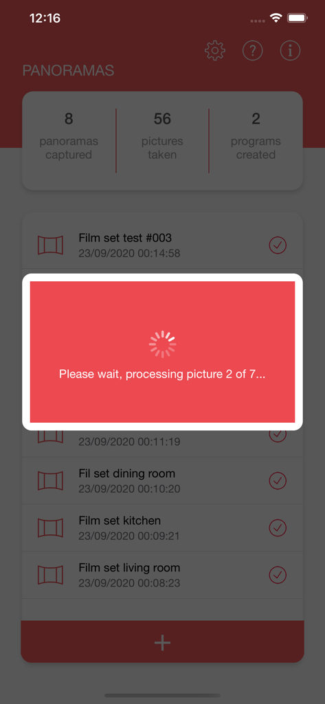 HDRI - HDRI app interface showing a processing modal and a list of captured film set panoramas