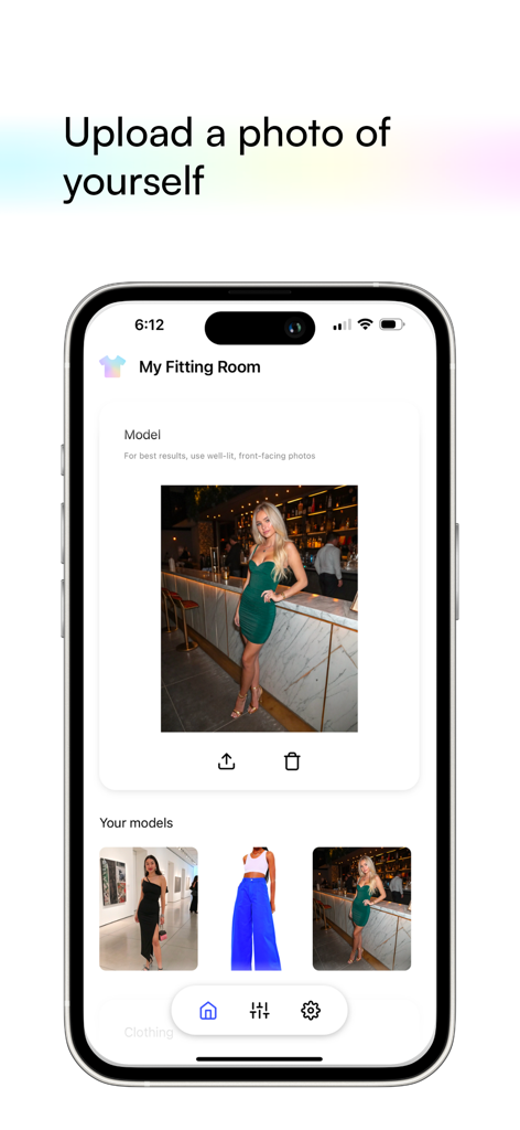 Mobile app interface of My Fitting Room showing a user photo uploaded for a virtual AI outfit try-on.