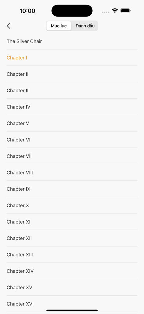 ePub Reader - Powerful - Table of contents screen in the ePub Reader app showing a list of chapters for The Silver Chair book