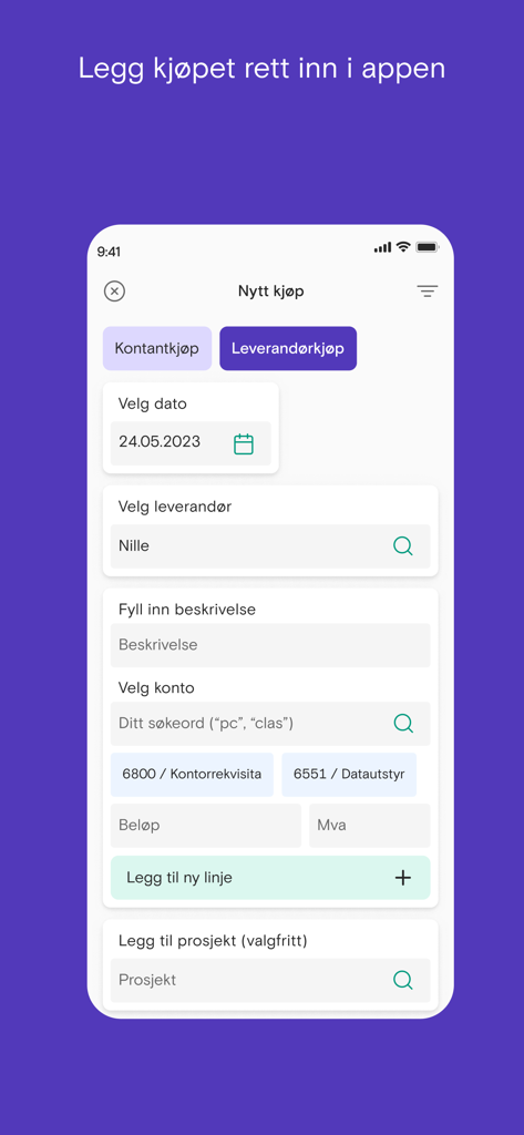 Fiken - Fiken mobile app interface for registering a new business expense with date and vendor fields