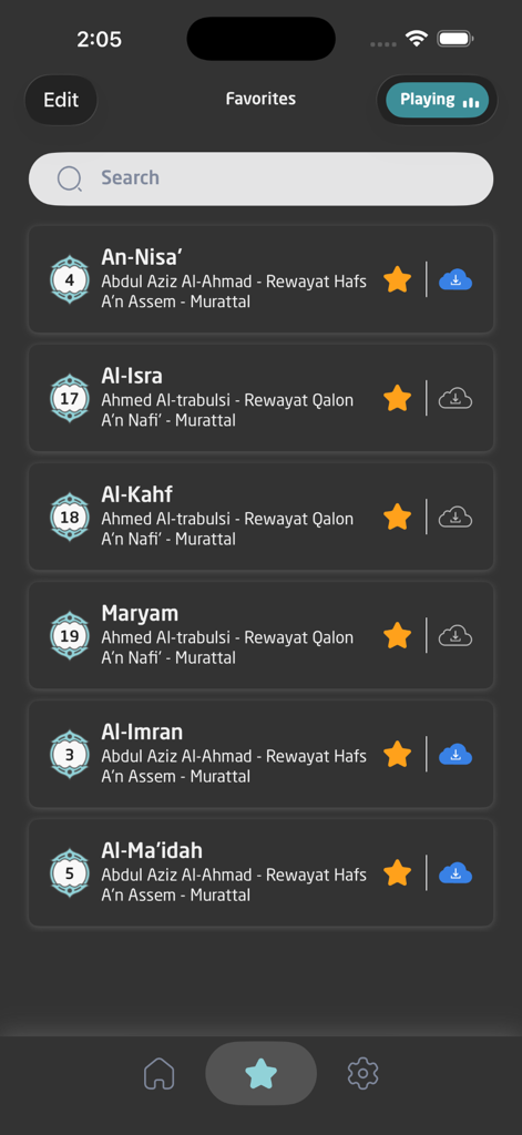 Telawat app screen showing a list of favorite Quranic surahs with reciter names and download icons in dark mode interface