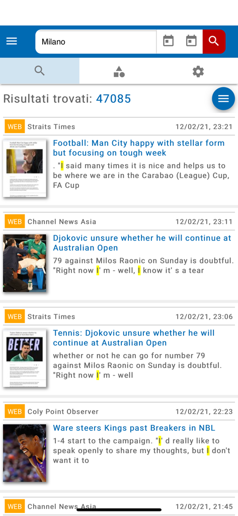 Interfaccia dell'app VoloPress che mostra un elenco di risultati di ricerca notizie per la città di Milano da varie fonti web internazionali