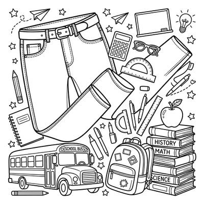 Dive into creativity with this unique coloring page featuring a cool pair of men's jeans surrounded by classic back-to-school essentials. It's the perfect blend of fashion and academic nostalgia, ready for your artistic touch.