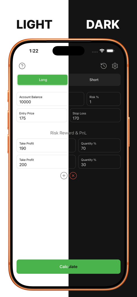Split screen display of Position Size Calculator Pro app in light and dark mode
