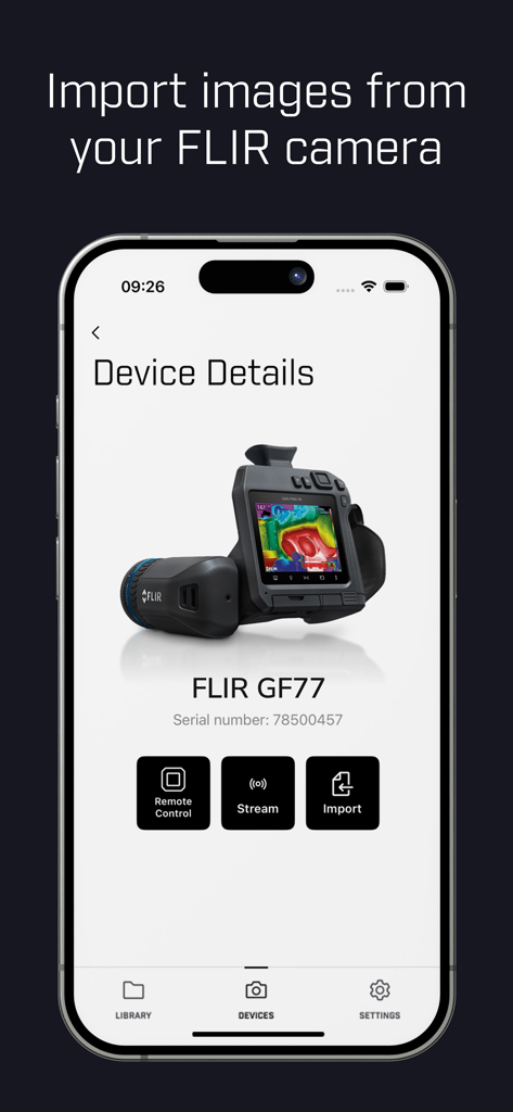 FLIR Tools app showing device details for a FLIR GF77 thermal camera with options to remote control stream and import images