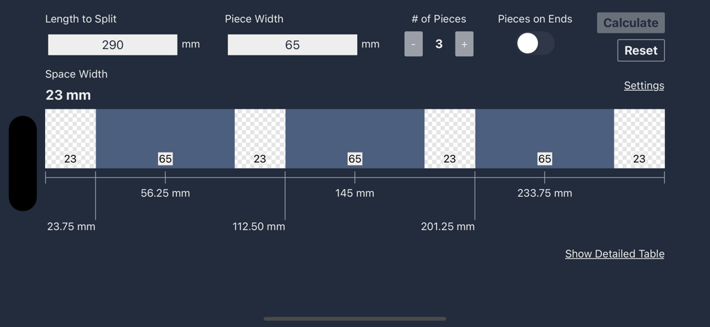 Measurement interface of the Even Spacing Calculator app displaying a visual diagram for spacing three pieces across a length