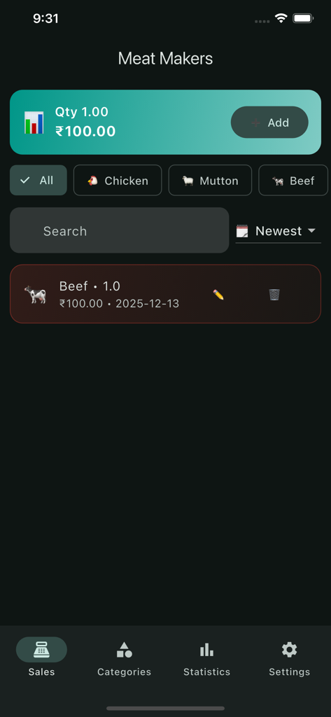 Meat Makers mobile app interface showing inventory tracking for beef and category filters for different meat types