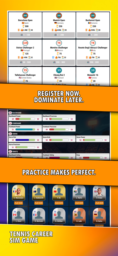 Management screens in Tennis Career Sim Game showing tournament registration player training stats and opponent rankings
