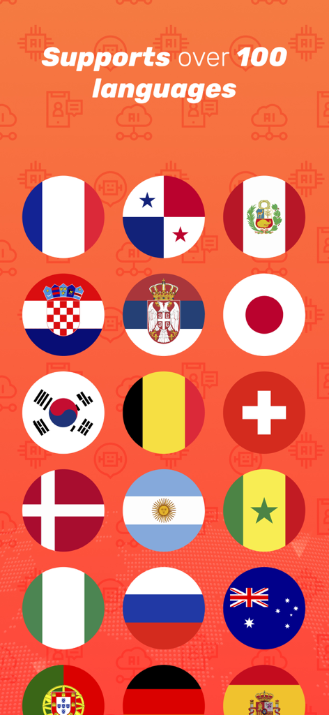 Eine Anzeige verschiedener Weltflaggen, die die über 100 vom note.ai-App unterstützten Sprachen für Transkription und Notizen darstellen.
