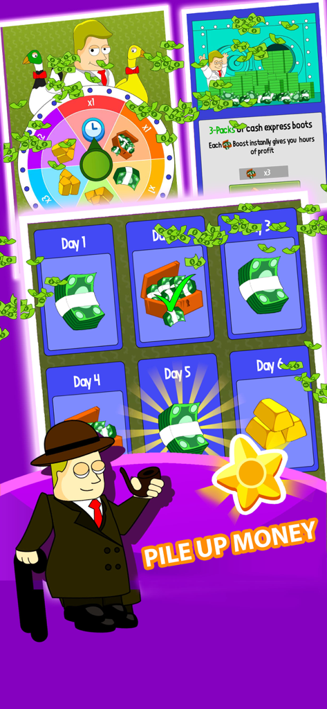 Mobile game screenshot of Idle Capitalist Tycoon showing daily login bonuses and a lucky reward wheel