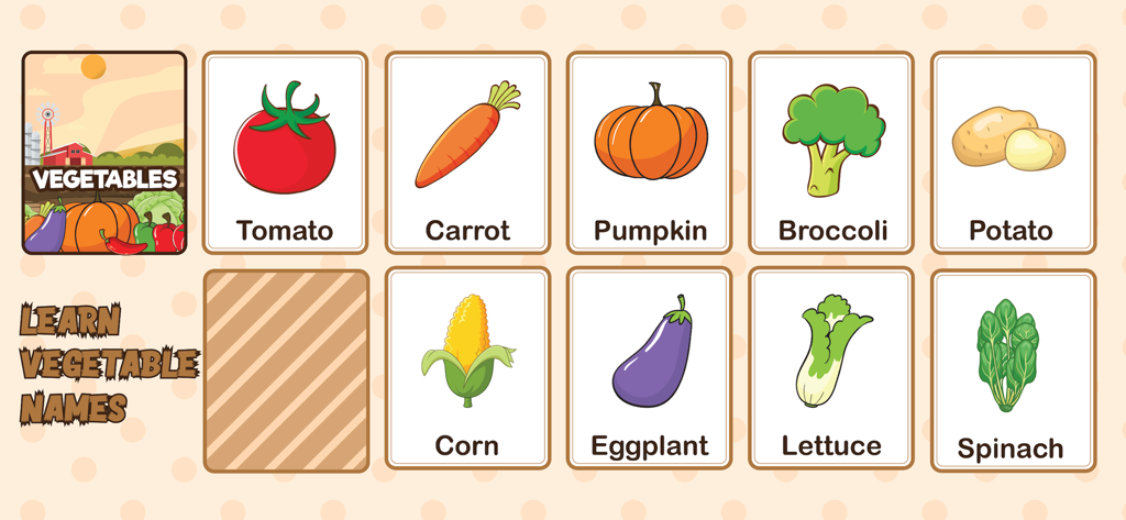 Digital flashcards teaching toddlers vegetable names including tomato carrot and broccoli