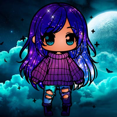 chibi girl with ripped jeans,long hair, and an oversized sweater