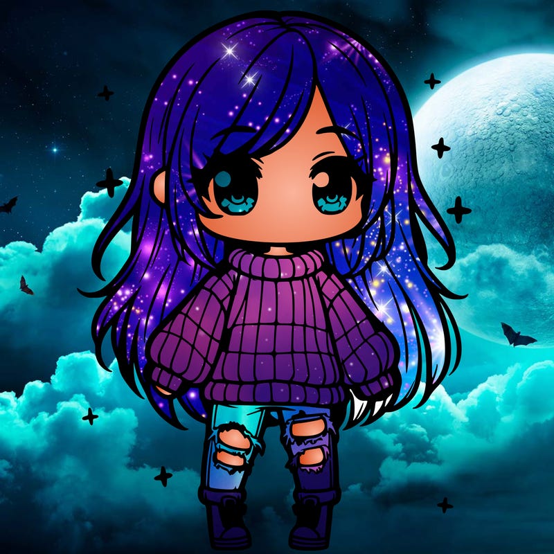 chibi girl with ripped jeans,long hair, and an oversized sweater