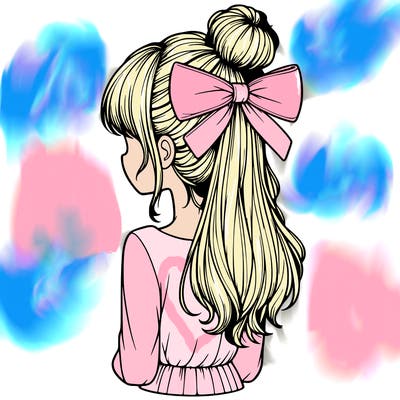 realistic girl  with hip length hair a bun and a big bow on the back of head