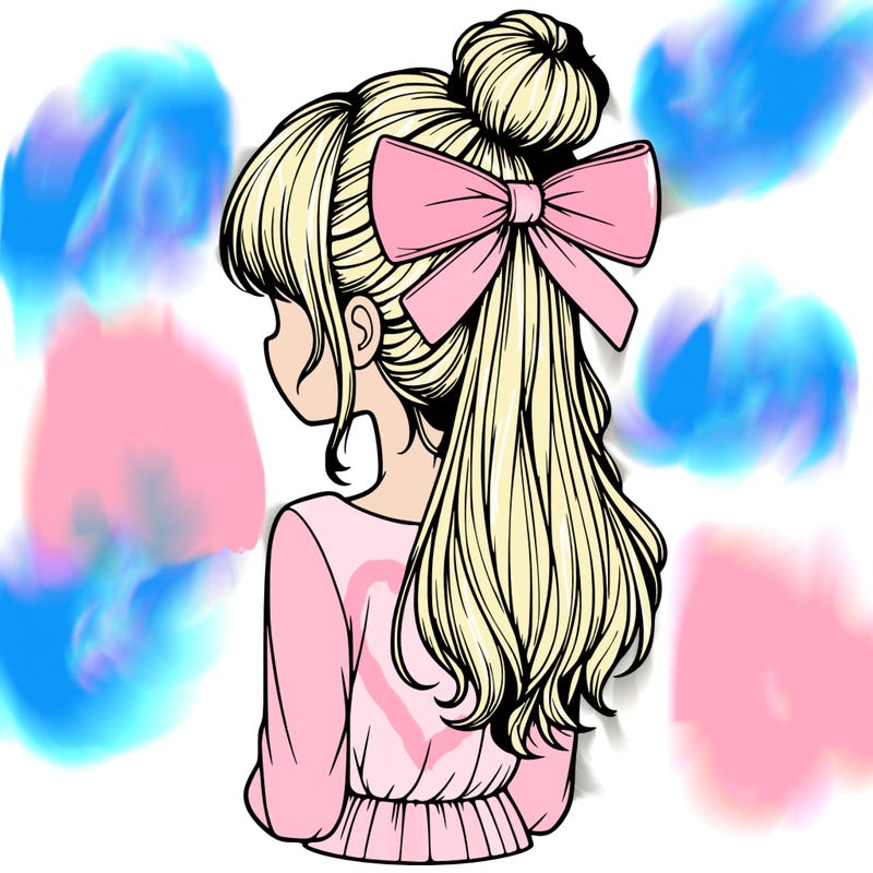 realistic girl  with hip length hair a bun and a big bow on the back of head