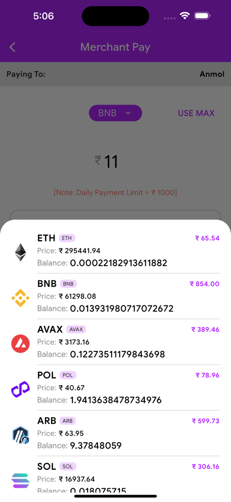 A mobile interface of the PurpleX app showing a list of cryptocurrencies like ETH and BNB for selecting a payment method.