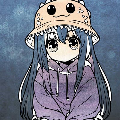 girl with anime shaped eyes with a dinosaur bucket hat oversized sweatshirt long straight hair